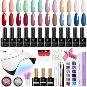Gel Nail Polish Kit with U V LED Nail Lamp Phoenixy 12 Pcs 10ml Gel Nail Polishes Set All Seasons Gel Polish Glossy Matte Top Coat Base Coat Gel Nail Starter Kit Gift for Wome