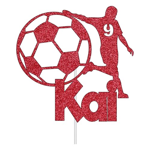 Personalize Pro Customised Birthday Football Cake Topper | Any Name & Any Age Personalised Cake Topper for Kids Man Boy Footballer Sports Theme Birthday Cake Decoration Red