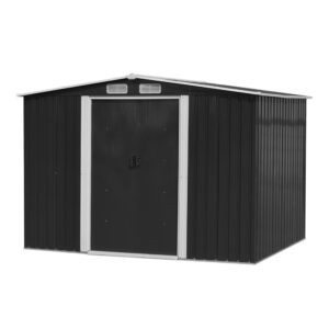 Garden Storage Shed Metal 8 x 6 FT with Base Outdoor 4 Vents Lockable Sliding Doors Sloped Apex Roof for Patio Backyard Bike Tool All-Weather (Grey)