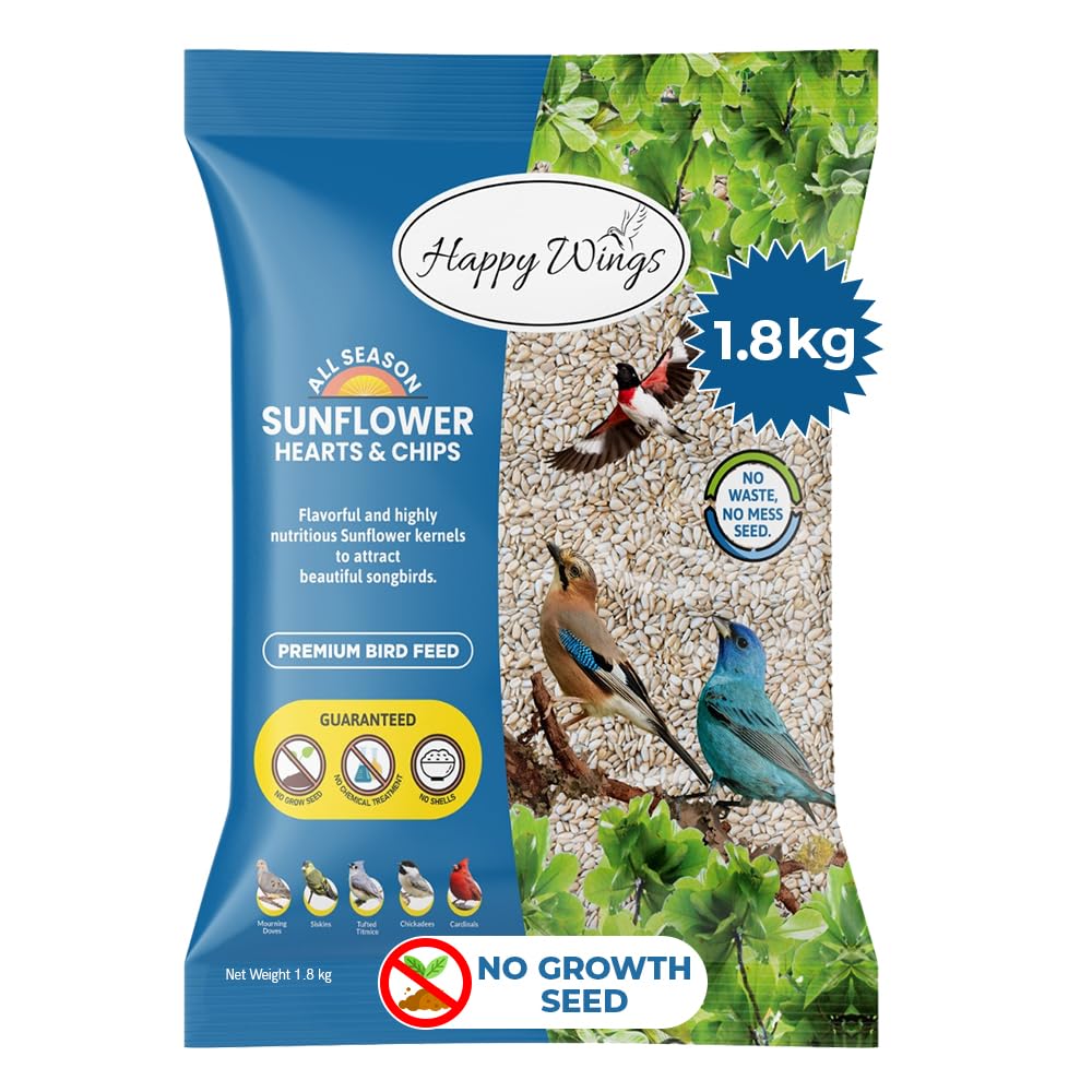 Happy Wings Sunflower Hearts & Chips - Sunflower Kernels And Chips Bird Food- 1.8 KG I Husk-Free No Mess Seed| No Grow Seed | Oil-Rich Bird Seed for Wild Birds