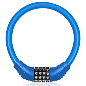 Heavy Duty Cable Bicycle Lock with 4-Digit Combination High Security Bike Lock Portable Ring Bicycle Lock Small Bike Chain Lock for Mountain Bike Motorcycles Scooters (Blue