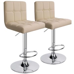 Leader Accessories Bar Stools (2/Set) Adjustable Bar Chairs Breakfast Dining Stools for Kitchen Island Counter PU Leather Double Stitching Square Back with decoration (Beige)