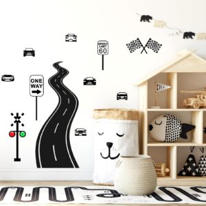 Large Road Wall Stickers Road Sign Wall Decals Road Track Wall Stickers Race Car Theme Wall Stickers Vinyl Highway Traffic Road Wall Decals for Kids Room Boys Bedroom Deco