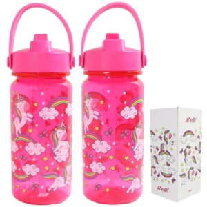 AZONIX Pink Unicorn Kids Water Bottle with Straw 550ml Leakproof BPA Free Water Bottle
