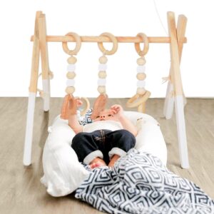 Hozilen Wooden Kid Gym with Gym Toys | Foldable Wooden Play Gym with 3 Engaging Toys