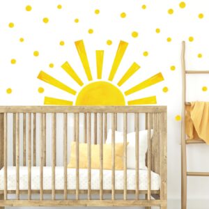 Half Sun Wall Decal Large Boho Sun Wall Sticker Yellow Poka Dot Wall Decals Peel and Stick Watercolor Big Sun Wall Stickers for Nursery Kids Room Baby Bedroom Playroom Deco