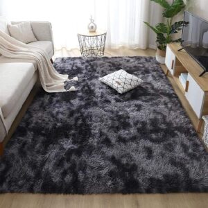 Calore Area Rugs Fluffy Living Room Rugs Shaggy Area Rug Bedroom Carpet Large Rug Soft Kids Room Rugs Comfortable Floor Mat for Home Decor (Black Grey