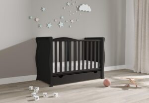 Viculii Willow Baby Sleigh Mini Cot Bed with Drawer Only | 120x60cm | 3 in 1 Baby Cot Converts to Toddler Bed Junior Bed (Black)