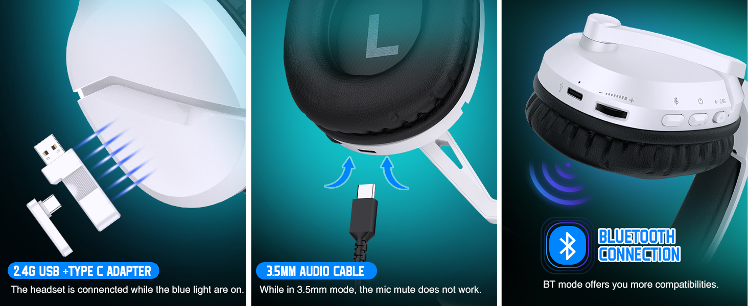 2.4G USB +TYPE C ADAPTER, 3.5MM AUDIO CABLE, BLUETOOTH CONNEGTION