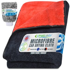 Towelogy X06 XL Professional Microfibre Car Drying Towels Extra Large 90x60cm & Premium Car Wash Mitt Set | Heavy Duty Quick Drying Dual Sided Auto Cloth (Red/Black)