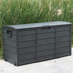 Gr8 Garden 300 Litre Black Plastic Storage Box Lid Patio Shed Utility Cushion Chest Wooden Fence Panel Effect Large Truck Indoor Outdoor Furniture