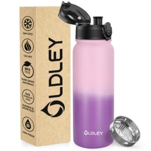 OLDLEY 600ml/20oz Stainless Steel Water Bottle Double Walled Vacuum Flask Keeps Drink Hot and Cold Leakproof BPA Free 600ML Metal Insulated Water Bottle for Sport School Work Hiking (Pink Purple)
