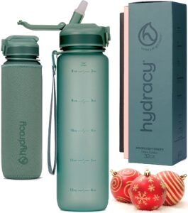 Hydracy Water Bottle with Times to Drink & Straw - Large 1 Litre BPA Free Motivational Water Bottle & No Sweat Sleeve -Leak Proof Gym Bottle with Time Marker - Ideal for Fitness