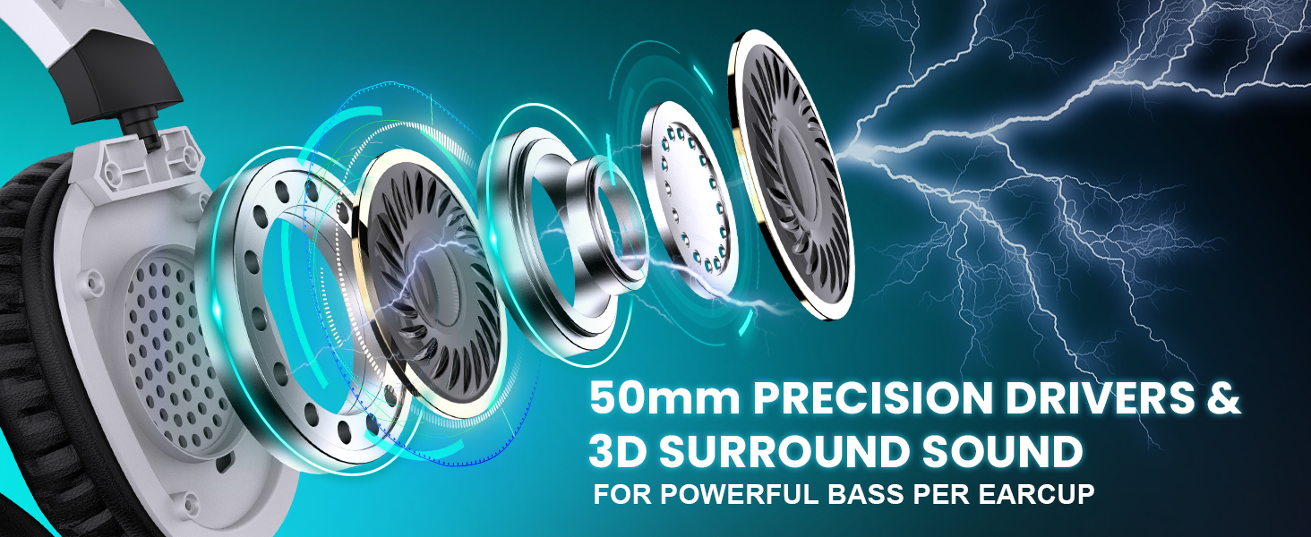 50mm PRECISION DRIVERS &3D SURROUND SOUNDFOR POWERFUL BASS PER EARCUP