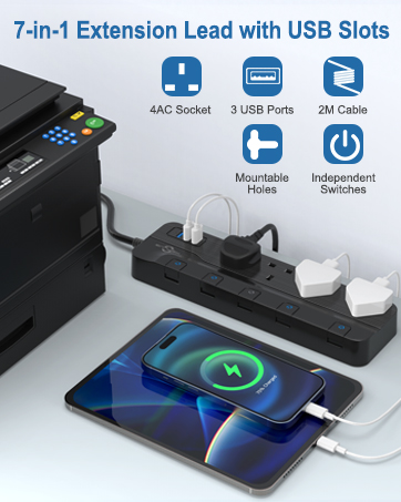 tower extension lead 2m extension cable plug extension with usb slots desk power station home power