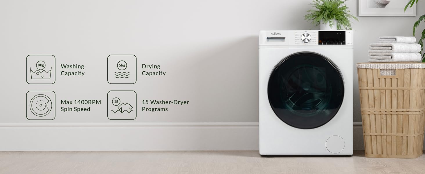 Willow WWD8514WH washer dryer. 8kg capacity, 1400RPM spin speed, 5kg drying capacity, 15 programs