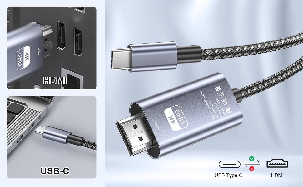 USB C to HDMI Cable 2m, 4K@30Hz High-Speed Type C to HDMI Thunderbolt to HDMI Cable