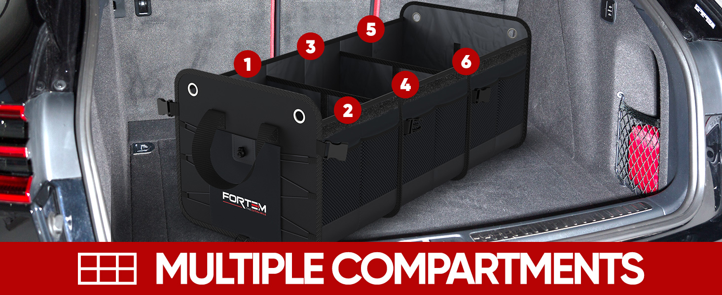 Trunk Organizer inside of trunk with removable dividers, plenty of space for items
