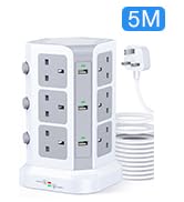 Tower Extension Lead by KOOSLA, [13A 3250W] Surge Protector - 12 AC Outlets & 6 USB Ports Multi P...