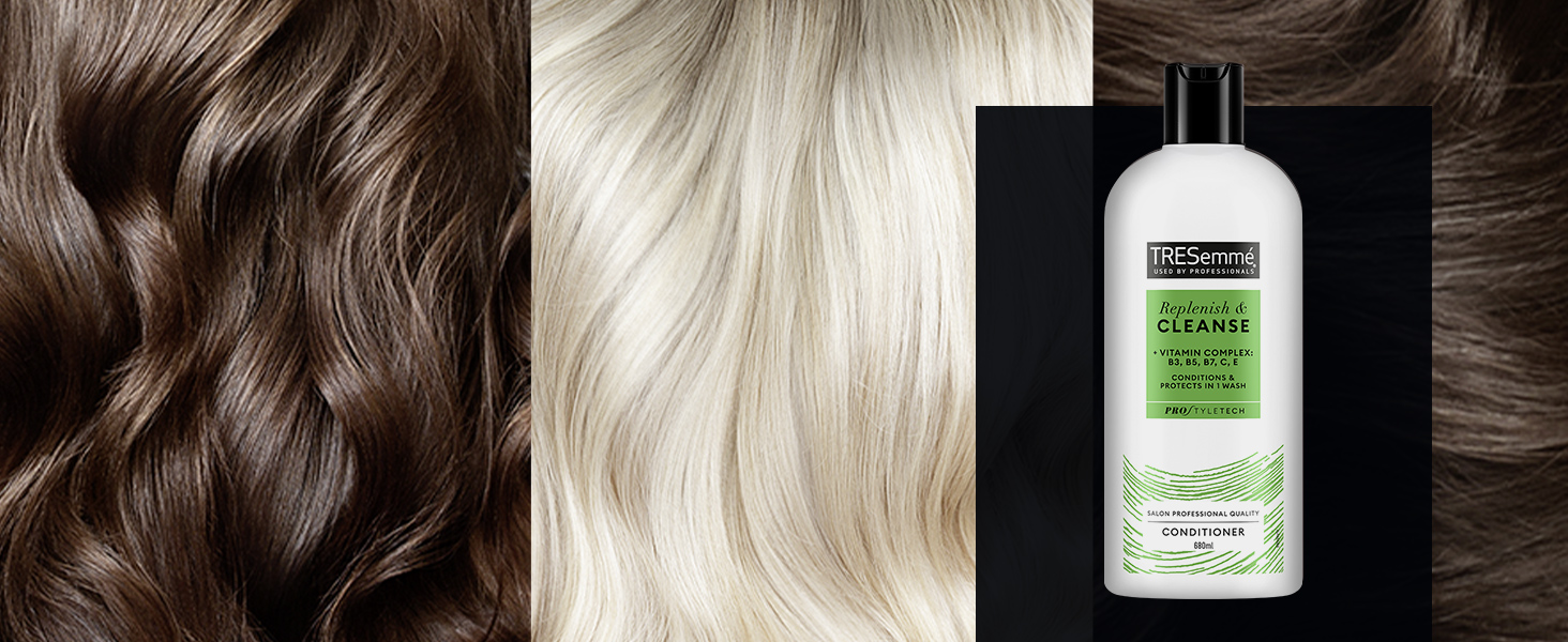 Apply TRESemmé Replenish & Cleanse Shampoo to wet hair, work into a lather, and rinse thoroughly