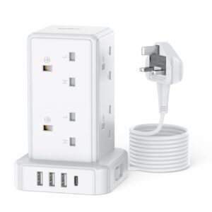 Tower Extension Lead with 8 Way Multi Plug Extension Tower & 4 USB Ports (13A 3250W)