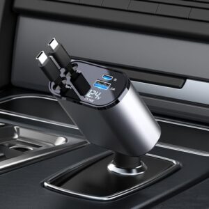 Thlevel Retractable USB C Car Charger Socket Adapter 12V USB C Socket 60W with 2 Retractable Type C Cable Voltmeter LED Compatible with iPhone iPads Samsung Huawei for 12V / 24V Car Caravan Motorhome