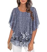 Syphiby Womens Blouses Ruffle 3/4 Sleeve Mesh Ladies Tops Chiffon Double-Layered Tunic Tops Loose...