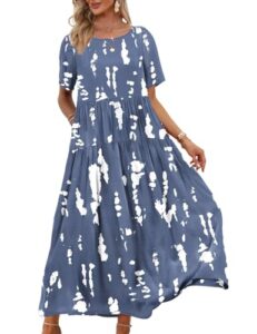 YESNO Women Dresses Casual Plus Size Bohemian Short Sleeve Floral Long Maxi Summer Beach Swing Dress/Pockets EJFUK