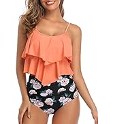 Voqeen Womens Two Piece Swimwear Halter Tankini Set Top with High Waist Briefs V-Neck Floral Prin...