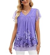 Syphiby Womens Tops V Neck Ladies Tops Ruffle Short Sleeve Blouses Flowy Mesh Tunic Tops Casual T...