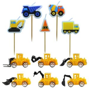 llanochslif Digger Cake Decorations (6 Pcs) Bundle with Baked with Love Construction Cake Candles (5 Pcs) - Construction Cake Decorations - Digger Cake Topper Set for Construction Birthday Cake