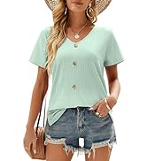Aokosor Womens V Neck T Shirts Ladies Tops Side Buttons Solid Color Casual Summer Tee Shirt
