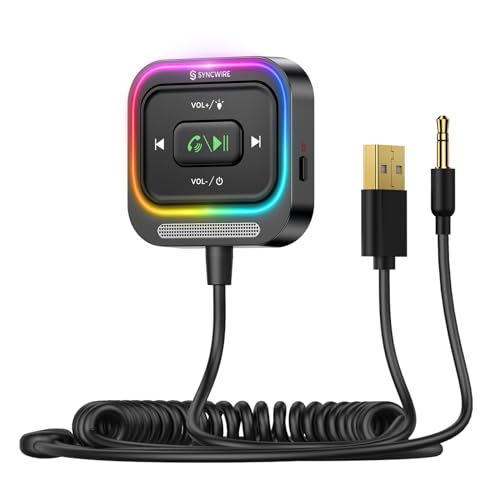 Syncwire Car Bluetooth 5.4 Receiver 3.5mm Aux Adapter Bluetooth Receiver Kit with Coiled Cable[Large Mic Noise Cancellation] [Hands-Free Call] [Deep Bass HiFi Stereo] [Colorful Light Switch]