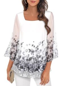 Syphiby Womens Blouses Ruffle 3/4 Sleeve Tunic Tops Loose Flowy Square Neck Chiffon Top Double Layers Mesh Shirts S-3XL