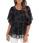 Syphiby Womens Blouses Ruffle 3/4 Sleeve Mesh Ladies Tops Chiffon Double-Layered Tunic Tops Loose...