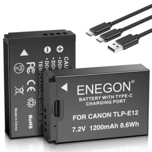 ENEGON LP-E12 USB C Direct Charging Replacement Batteries 1200mAh (2-Pack) with 2 in 1 USB-C Charging Cable for Canon Rebel SL1
