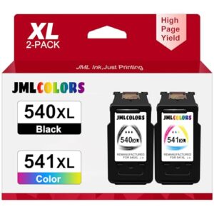 JMLCOLORS 540XL 541XL Twin Pack Compatible for Canon 540 and 541 Ink Cartridges PG-540XL Black CL-541XL Colour for Pixma MX475 MG4250 MG3600 MG3150 MG3250 MG3550 MG3650 MG3650S TS5150 TS5151-600 pages