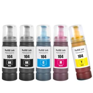 104 Ink Bottles 5 Color Multipack Compatible for Epson 104 Ink ET-2710 ET-2711 ET-2712 ET-2714 ET-2715 ET-2720 ET-2721 ET-2726 ET-2810 ET-2811 ET-2812 ET-2814 ET-2815 ET-2820 ET-2821 ET-4800 Printers