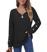 Syphiby Jumpers Ladies Long Sleeve Tops Womens Lightweight Sweatshirts Casual V Neck Button Side ...