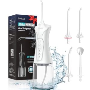 COSLUS Water Dental Flosser Portable Oral Irrigator 300ML 4 Modes Rechargeable Tooth Flosser for Teeth Braces Waterproof Irrigation Cleaner with 4 Jet Tips for Travel Home Cleaning (White)