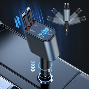 Retractable Car Charger 100W 4 in 1 Car Charger Adapter with Type-C & Ligning Retractable Cables and 2 USB Ports
