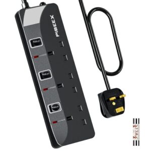 PIBEEX Extension Lead 3 Way Plug Sockets with Individual Switches Wall Mountable Power Strip 5 Meter Long Extension Cable 13A Fused UK Plug 3250W