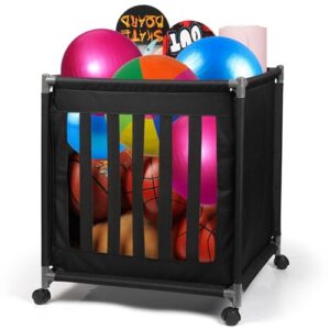 Fittoway Ball Storage Cart Rolling Ball Storage Bin for Balls with Wheels Elastic Straps Basketball Ball Holder Basketball Outdoor Indoo
