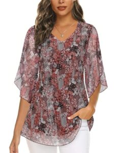 Syphiby Womens Overlap Ruffle Sleeve V Neck Elastic Mesh Blouse Loose Flowy Tunic Tops