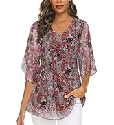 Syphiby Womens Overlap Ruffle Sleeve V Neck Elastic Mesh Blouse Loose Flowy Tunic Tops