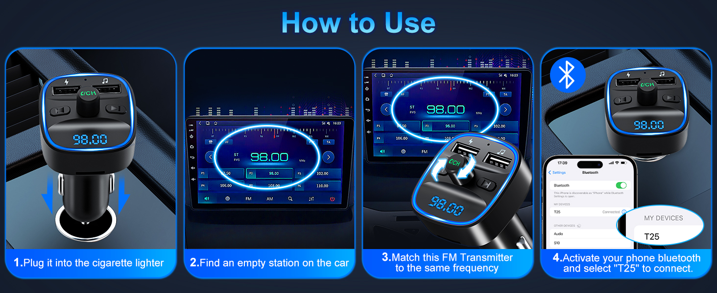 Bluetooth 5.3 Transmitter Wireless Car Radio Adapter with 2 USB Pot, FM Bluetooth Transmitter