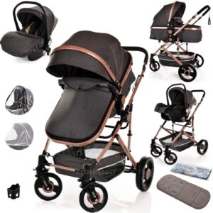 Baby Buggy Pram Pushchair 3 in 1 Child Lightweight Folding Stroller Compact 3 in 1 Travel System Pram for Newborns & Toddlers 0-36 Months from Birth (Grey)