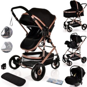 Baby Pram Pushchair Buggy with Car Seat Lightweight Stroller Folding Strollers 3 in1 Travel System Baby Trolley Baby Pram for Newborns Toddlers 0-36 Months (Black Rose Gold)