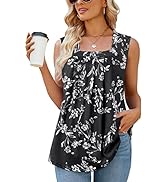 Syphiby Summer Tank Tops for Women Loose Fit Pleated Square Neck Curved Hem Flowy Sleeveless Tops