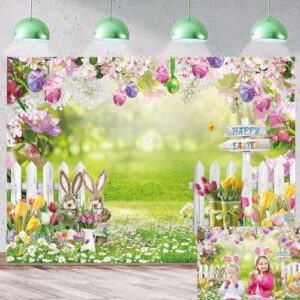 Easter Backdrop for Photography Easter Party Decoration 7x5FT Spring Easter Garden Background Green Grass Lawn Colorful Eggs Flowers Banner Easter Baby Shower Birthday Party Decorations Photo Props